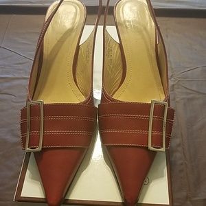 Red kitten heel pumps